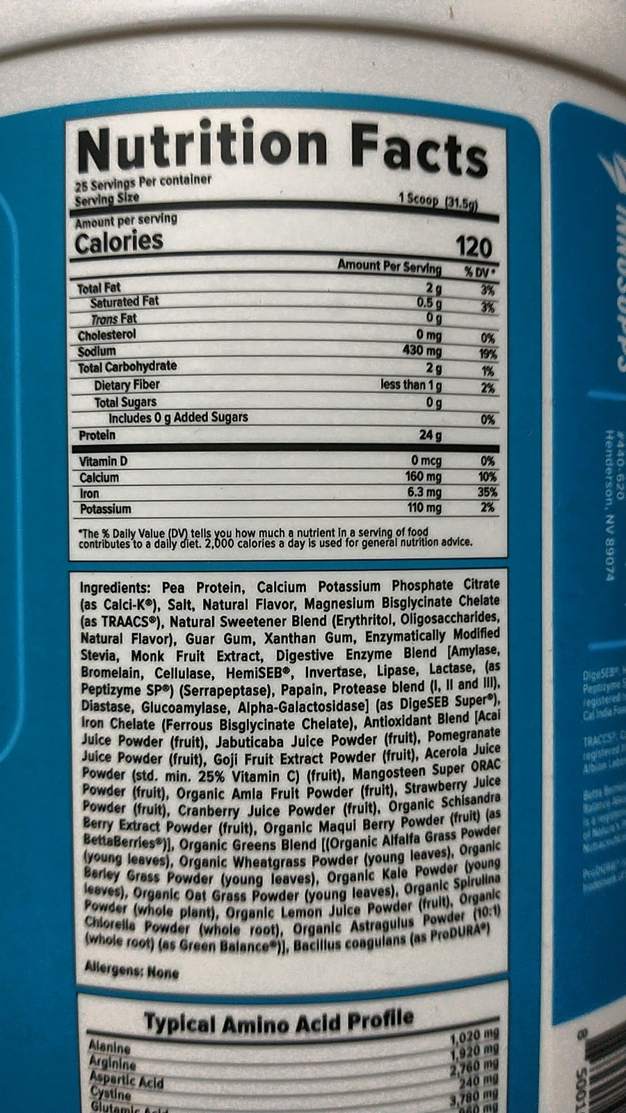 ingredients and macros list for the blueberry pastry flavoured protein