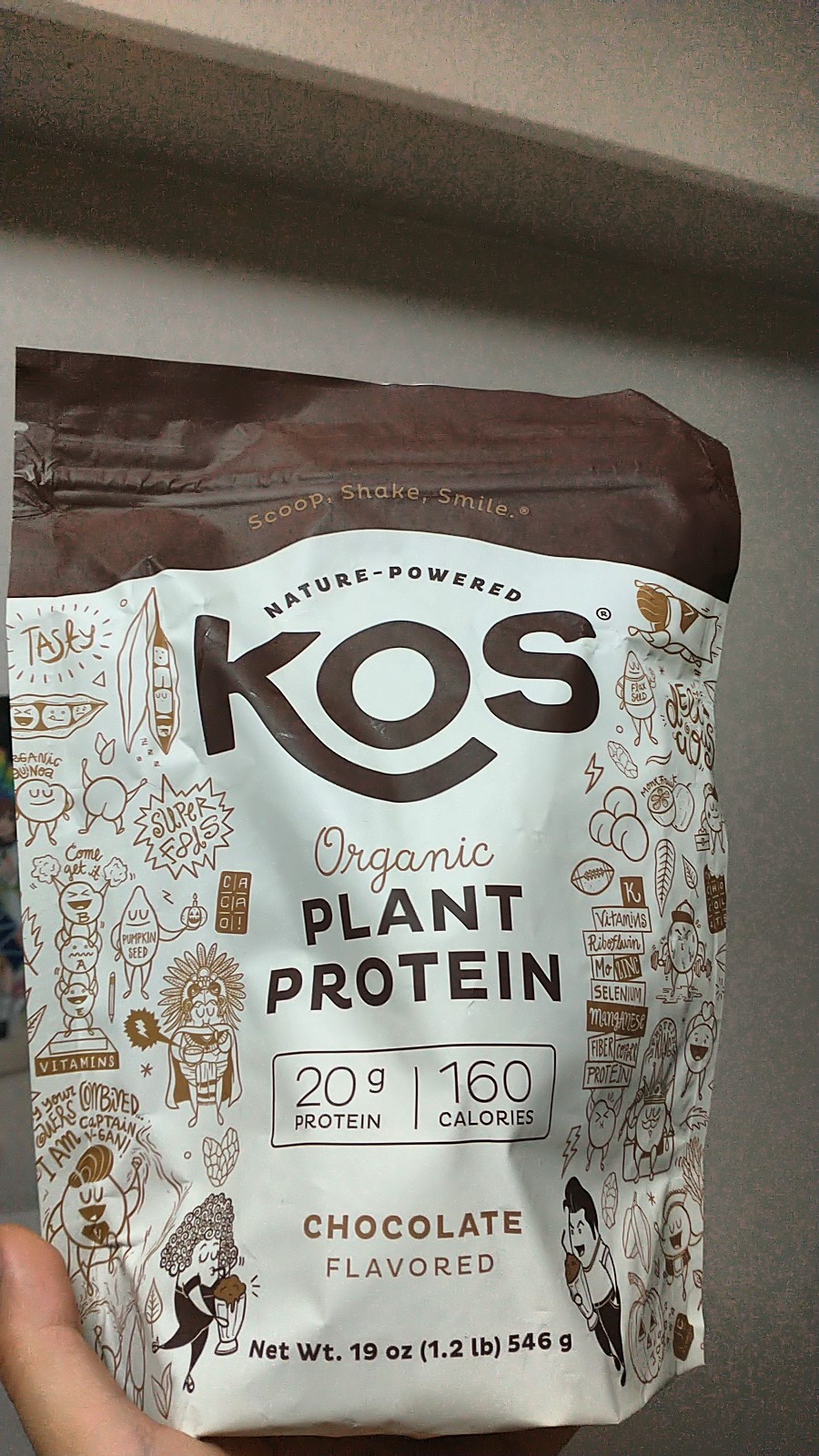 A package of chocolate-flavoured protein with doodles illustrated on it